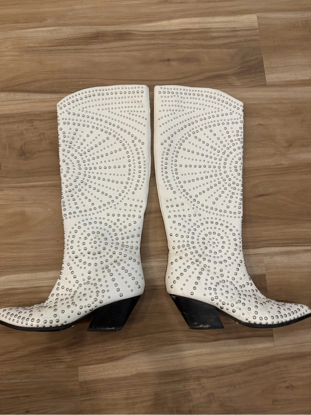 Studded White Pointed-Toe Knee-High Boots